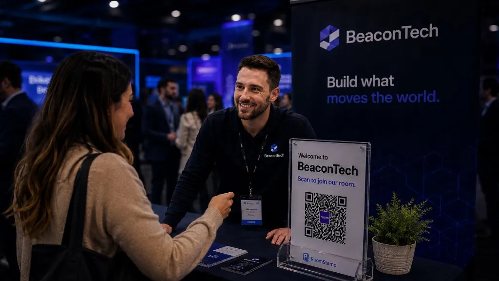 Booth staff talking with a visitor at a BeaconTech fair stand with a RoomStamp QR join sign on the table.